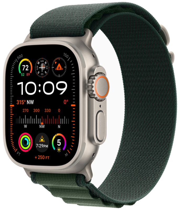 Фото Apple Watch Ultra 2 GPS + Cellular, 49 мм, корпус из бежевого титана, ремешок Alpine зелёного цвета, размер L На фото изображено Apple Watch Ultra 2 GPS + Cellular, 49 мм, корпус из бежевого титана, ремешок Alpine зелёного цвета, размер L