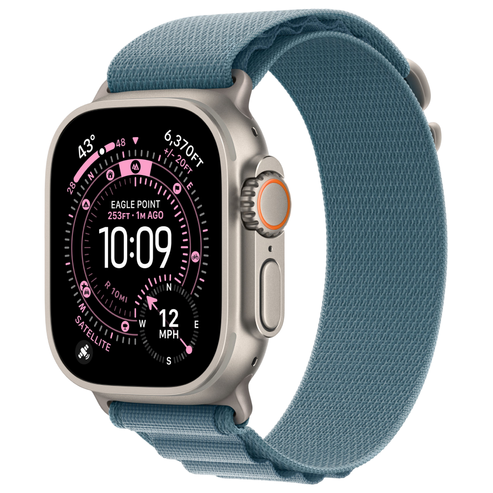 Фото Apple Watch Ultra 3 GPS + Cellular, 49 мм, корпус из натурального титана, ремешок Alpine, цвет светло-синий, M На фото изображено Apple Watch Ultra 3 GPS + Cellular, 49 мм, корпус из натурального титана, ремешок Alpine, цвет светло-синий, M